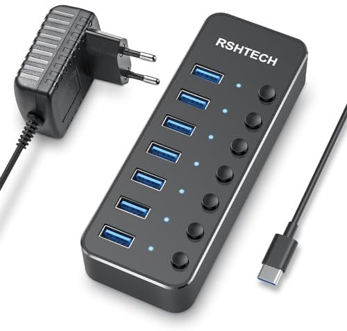 RSH-518C USB-Hub, USB 3.0, Stromversorgung RSHTECH auf 7 Ports, USB 3.0, SuperSpeed Port, Datenverteiler, mit 5 V/2 A Stromversorgung und individuellen Schaltern für Laptop und PC, Powered USB Hub