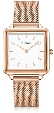 BIEWO Quadratische Armbanduhr für Damen, Quarz, analog, Damenuhr mit Edelstahl-Mesh-Armband, minimalistische Damenuhr, Business-klassisches Kleid, lässig, Alltagsuhr für Mädchen, Damen, rose gold,