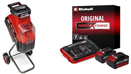 Einhell Broyeur de végétaux sans fil REDAXXO 36/25 Power X-Change (36V, épaisseur de branche max. 25 mm, 3 lames réversibles en acier, sac collecteur de déchets 55L) + Twincharger et 2 Batteries 4,0Ah