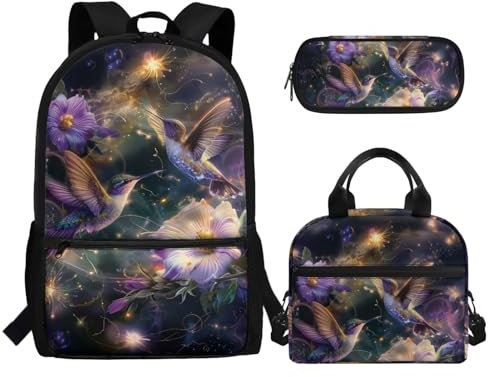 TOADDMOS Rucksack mit Kolibri-Blume, 43,2 cm, mit isolierter Lunchtasche, tragbarer Tasche, Stifthalter, Organizer, 3-teilig, für Kinder, Jungen, Mädchen, Teenager, Schultasche, Rucksack