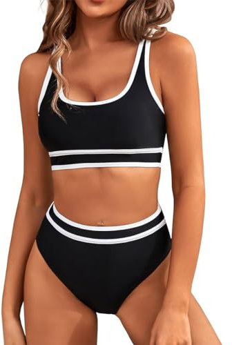 GRMLRPT Bañadores Mujer Estilo Deportivo 2025 Elegante Traje de Baño Conjunto Bañador Sexy para Mujer Playa Cuello en V Traje de Baño Bikini Sets(Negro,S)
