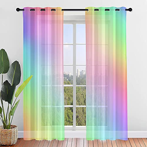Hixingo Sheer Voile Gardinen Farbverlauf Vorhänge, 2er Set Vorhang mit Ösen, Mode Halbtransparent Scheibengardinen Wohnzimmer Küchen (107x160cm,Regenbogen)