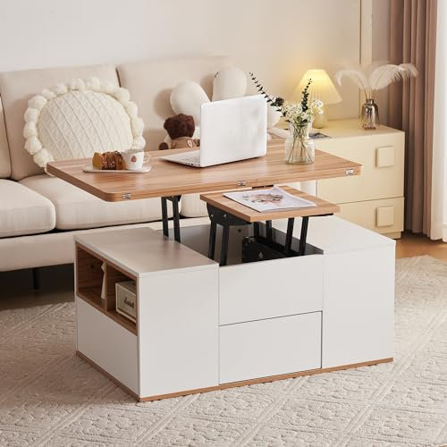 Hebbarer Multifunktions-Couchtisch - Tischplatte öffnet Sich zu 2 Tischen, Zwei Schubladen, Weiß + Originalholzfarbe, große Kapazität, Büro-Esstisch Freizeittisch Multifunktionstisch