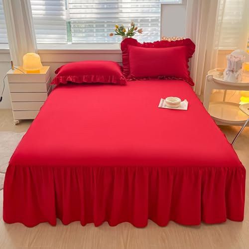 JadeRich Cache-sommier à volants avec plateforme – Drap de lit classique en microfibre de couleur unie de 40,6 cm avec jupe, rouge, lit deux places