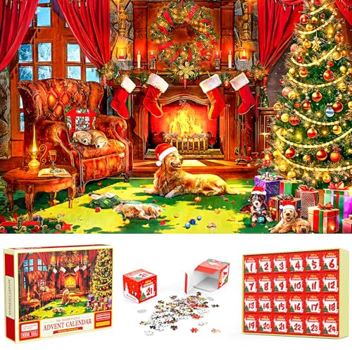 Advent Calendar Jigsaw Puzzle - 1008 Pieces Puzzle 24 Days Christmas Countdown Calendar - With Lovely Dog