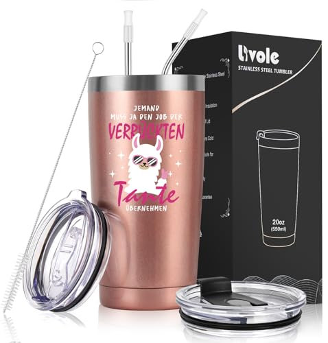 Livole Tante Geschenk Weihnachten, Lustige Geschenk für Tante, Patentante, Frauen, Schwester - Jemand muss ja den Job der verrückten Tante übernehmen - Du Wirst Tante, 600ml Kaffeebecher to go Thermo