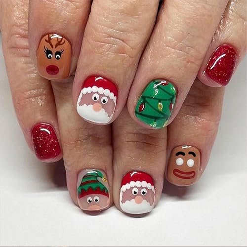 Lot de 24 faux ongles courts de Noël - Motif Père Noël et sapin de Noël - Couverture complète - Ongles artificiels - À coller - Blanc