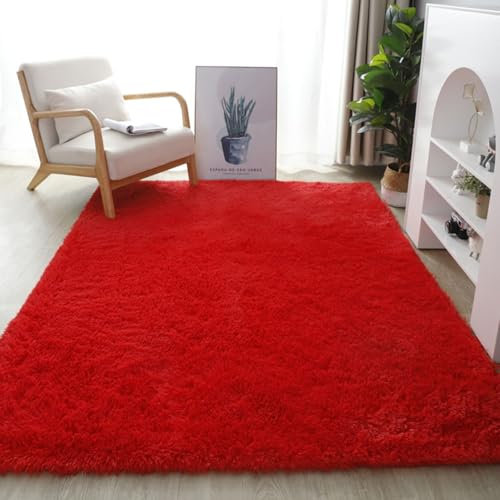 XUEDNGM Teppich Wohnzimmer Schlafzimmer 100 x 130 cm Anti-Rutsch, Flauschig, Weich, Waschbar, Langflor Wohnzimmer Läufer Carpet Langflor Teppich Langflor für Wohnzimmer, Schlafzimmer, Rot