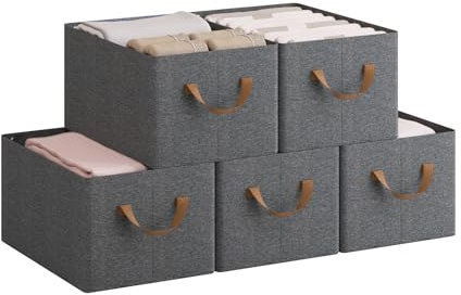 WOLTU ABB08gbn-5-UK Foldable Storage Boxes Set of 5, Fabric Storage Cubes with Handles, Stacking Boxes for Clothes and Toys, Grey, 37.5 x 20 x 26 cm