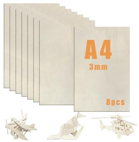 NVGVUP 8 Pezzi Compensato, Pannelli di Legno Balsa 300 x 200 x 3 mm, Legno Fai da Te per Progetti Laser, Pirografia, Modellismo, Artigianato, Pittura Artistica, Decorazione