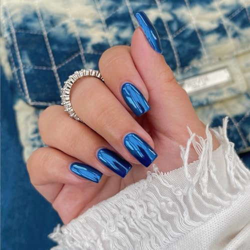 Chrome False Nails Medium, SXVME Metallic Royal Blue Press On Nails Short Medium Square, Glitter Shine Fake Nails Glue on Nails Cute, Mirror Acrylic Stick on Nails for Women Daily & Party Wear
