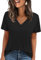 Cuptacc Camiseta básica de verano para mujer, cuello de pico, manga corta, monocolor, informal, top, Negro , 3XL