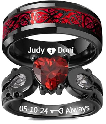 LeosHi Individuell graviertes Paar-Ring-Set für Sie und Ihn, passende Herz-Verlobungsringe, personalisierte Herren-Eheringe für Damen, Größe 5–13 (Ring für Paare)