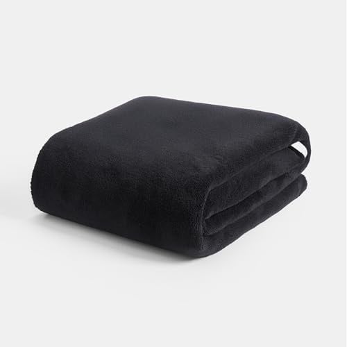 OHS Fleece Throw Blanket for Sofa, Soft Warm Cosy Fleece Blanket for Bed Piped Edge Large Throws Over Sofa Lightweight Fluffy Double Bed Throw, Black/Cream - 150 x 200cm