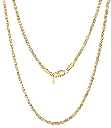 PROSTEEL Mens Necklace Chain Stylish Flat Box Chain Link 2mm Gold Plated 30 inch, Hypoallergenic 316L Stainless Steel Jewellery (with Gift Box)