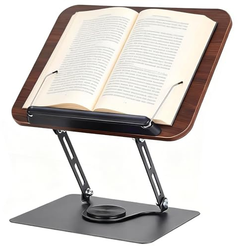 Purecas Adjustable Wooden Book Stand | 360° Rotatable & Foldable Cookbook Holder | with Side Clip for Tablets, Laptops, Sheet Music & Magazines (Brown)