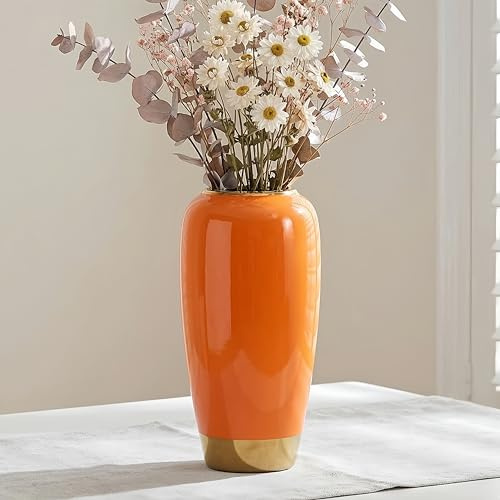 JIDOFUE Vase orange en céramique,11.8 pouces, vase décoratif Pour Salon,Bureau, Mariage, Accessoire décoratif Rustique Pour la Maison