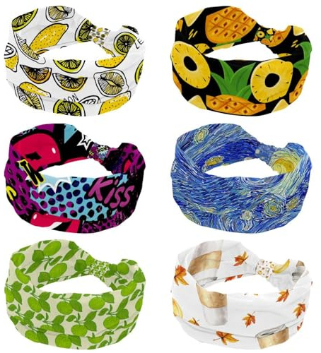 Lot de 6 bandeaux larges pour femme, turban doux, motif papillon pivoine, beau bandeau antidérapant, élastique, sueur, yoga, entraînement, bandeau croisé noué