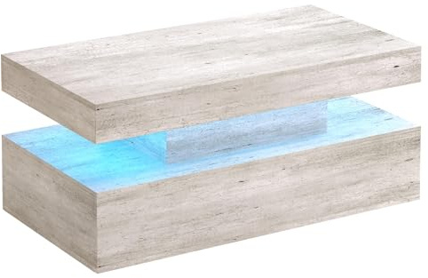 LUXOAK 100 cm Couchtisch Hochglanz mit LED, 2 Ebenen, Stauraum Grau | RGB-Beleuchtung per App, Offene Ablagefläche, Modernes Design, Robuste Konstruktion, Vielseitig nutzbar