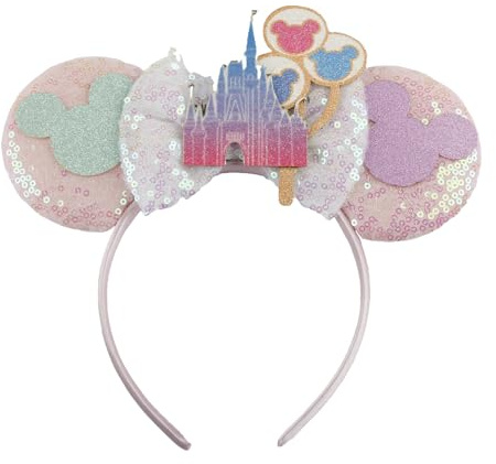 Tabanzhe Glitter Mouse Ears Headband,Pink Castle Mouse Ears with Sparkly Bow,Cute Fancy Dress Costume Headband for Women Theme Park Birthday Party Cosplay Decoration