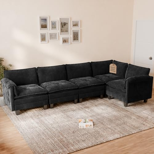 ELUCHANG XXL Wohnlandschaft L-Form, 330cm Breit Modulares Sofa 5-Sitzer, Chenille Couch mit 62cm Sitztiefe, Schlafsofa-Funktion, Werkzeuglose Montage, Wohnzimmer, Schwarz