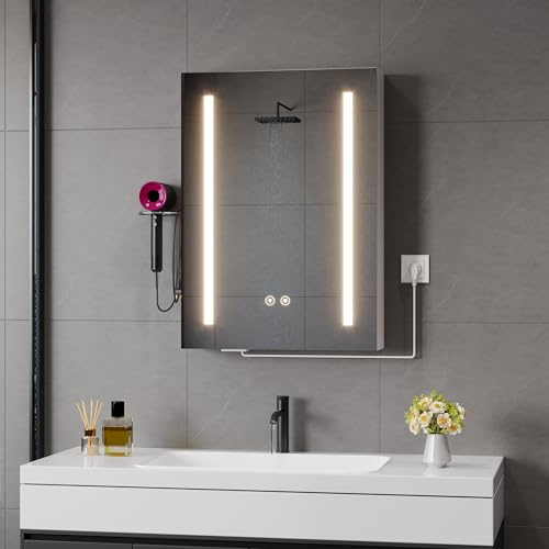 ChromaCasa Spiegelschrank Bad mit Beleuchtung 3-Farbig Dimmbarer & 1AC/2USB-Steckdosen, Badezimmer Spiegelschrank mit Entfeuchtung mit 1 klick & Speicherfunktion für Badezimmer(60x80x15cm,Weiß)