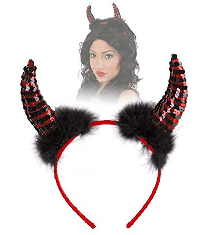 KarnevalsTeufel Teufelshörner mit Marabufedern, rot-schwarz, Paillettenhörner, Haarreif, Devil, Satan, Halloween