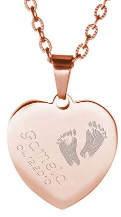 Mondgold Halskette aus Roségold-Edelstahl mit Herz Anhänger und Gravur mit Kinder Füßchen, Personalisiert mit Namen und Datum, Mädchen Schmuck
