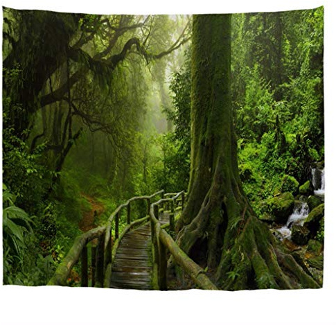 A.Monamour Wandteppiche Grünen Tropischen Dschungel Regen Wald Bäume Holzbrücke Natur Landschaft Foto Gedruckt Boho Hippie Mandala Gobelin Wandbehang Vorhang Tagesdecke 229x153cm