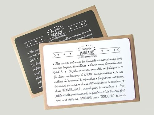 Lot de 2 cartes Parrain Marraine, commandements, cadeau, baptême