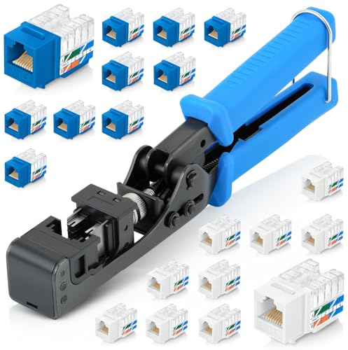 EMS easyJack – Schnellabschluss-Werkzeug mit 10 blauen und 10 weißen Cat6-Keystone-Buchsen | Punch Down Crimper für Everest Media RJ45 UTP Buchsen