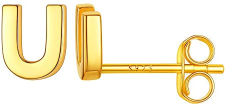 Suplight Damen 925 Sterling Silber Buchstabe U Ohrringe 18k vergoldet 3D Initiale Ohrstecker Minimalist Alphabet Anfangsbuchstaben Ohr Piercing Ohr Schmuck Accessoire für Hochzeit Party
