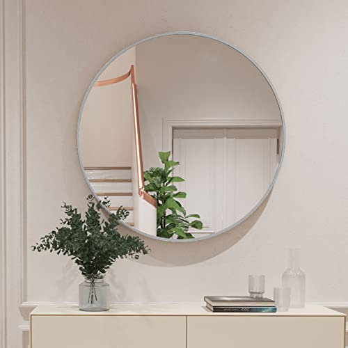 Koonmi 91cm Round Wall Mirror, Circle Bathroom with Metal Frame Hanging Leaning for Entryways, Washrooms, Living Rooms, Silver