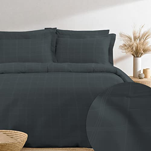 Pizuna 100% Cotton King Size Duvet Cover Set Grey 300TC Checks | Damask Check Anthracite Long Staple Cotton Checkered Bedding Lightweight Sateen Weave 4 with Corner Ties
