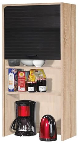 SIMMOB Meuble Haut de Cuisine Chêne Rideau Noir 4 Niches 60 x 124 x 35 cm