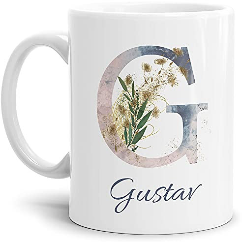 Tasse mit Buchstabe G und Blumen - mit Name personalisiert - Initiale, Namens-Tasse, Buchstaben Tasse, Geschenk I Keramik Weiß, 300 ml