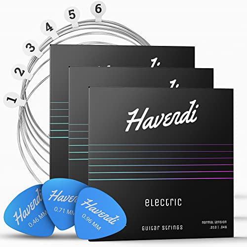 HAVENDI® Gitarrensaiten E-Gitarre - brillante Klangqualität Saiten aus Stahl für elektrische Gitarre mit Nickel ummantelt (6 Saiten-Set) inkl. 3 Plektren