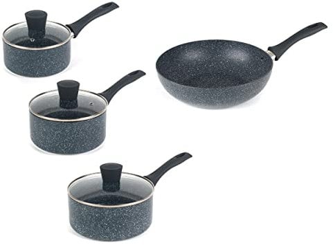 Russell Hobbs COMBO-7551A Blue Marble Collection inkl. 16/18/20 cm Töpfe und 28 cm Bratpfanne, antihaftbeschichtet, gepresstes Aluminium, perfekt für neue Hausbesitzer oder Studenten