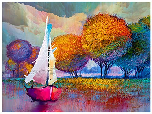 wandmotiv24 Deko Wandbild aus Acrylglas, Größe 60x45cm, Querformat, Gemälde Boot auf See, Bäume, Natur, bunt, Kunst, Segel, Bild, Dekoration Wohnung modern, Acryl, Wanddeko Schlafzimmer M0154