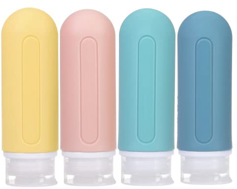 Silicone Travel Bottle, 4 Pack Leak Proof Dispensers, Refillable and Squeezable Containers Set for Liquid Shampoos, Soap and