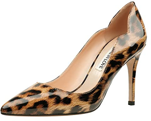 JOY IN LOVE Damen Pumps Schuhe 3,5 Zoll Stiletto High Heels Spitze Zehe Kleid Pumps, V-Leopard Patent, 36 EU