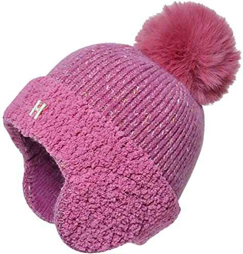 Yixda Damen Strickmütze Warme Pompon Ski Hut Ohrenklappe Fleece-Futter Beanie Mütze (Hot Pink)