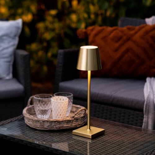 Auraglow Rechargeable Table Lamp - Cordless Portable LED Light with Warm White and Colour Changing Mood Lighting, Touch Control, Weatherproof – Mayfair (Brass)