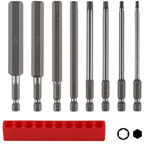 CPROSP 8 brocas hexagonales largas de 100 mm con almacenamiento de puntas, destornillador magnético de 1/4 pulgadas, vástago hexagonal S2 H2,5-H12, llave Allen, color metal