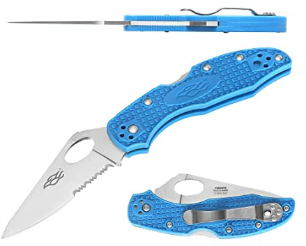 Firebird GANZO F759MS-BL Taschen-Klappmesser 440C-Stahlklinge mit Wellenschliff 75mm Anti-Rutsch-Griff mit Clip Camping Jagd Angeln Outdoor EDC-Messer 175 mm 67 g (Blau)
