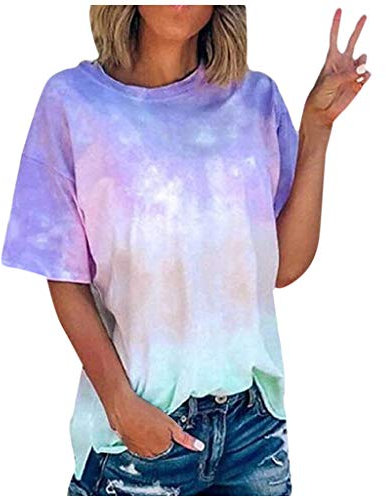 Tshirt Damen Tie Dye T-Shirt Damen Bunt Batik Shirt Rundhals Kurzarm Bluse Oberteil Frauen Mode Farbverlauf Longshirt Sommer Tops Tee Tshirt (Blau, L)