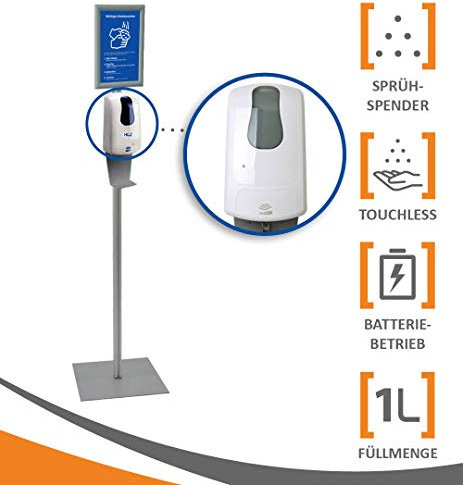 MyMAXXI | Mobiler Hand Desinfektionsmittelspender Topschild Sensor 1000ml Plus Set 1 x 1L Desinfektionsmittel stehend automatisch Infrarot | touchless Disinfection | Desinfektionsspender Standfuß