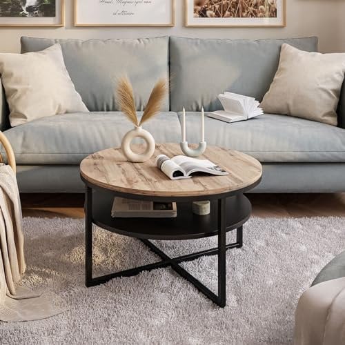 lukmebel Table Basse Ronde - CIRI-X Ronde - Table d'appoint Ronde - Table Basse - Décoration Industrielle - Décoration Salon - Petite Table d'appoint - Table Basse - Petite Table - Noir/Chêne Wotan