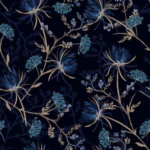 VEELIKE Papier Peint Fleur Bleu Pissenlit Papier Peint à Fleur Noir Vintage Papier Peint Feuillage Bleu Tropical Mural Papier Adhésif pour Meuble Salle de Bain Chambre Salon Cuisine 44,5cm×300cm