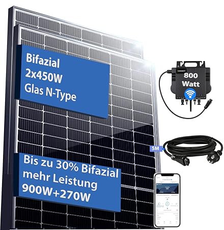 Balkonkraftwerk Growatt NEO 800W / 1270W Bifazial JA Solar Glas Glas Solar Module 2 x 450W JAM54D40-450/LB - 450 PV-Leistung Solaranlage Stecker fertig Balkon (Growatt NEO 800W, 900Wp)